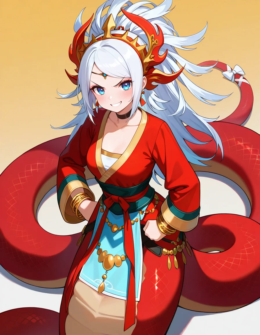 <lora:PADechidna_SDXL_illustrious_fp16_ver03_AdamWSHF:1>,PADechidnaU, 1girl, lamia, monster girl, white hair, blue eyes,tail ornament, tail,headdress, choker, earrings,tail bow,bangle,angry,loincloth,red scales,((chinese hanfu)), smile,long sleeves, looking at viewer,, masterpiece, best quality, very aesthetic, absurdres,<lora:detailed_hands:1>,hand