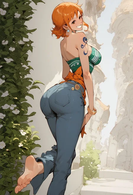 ,score_9, score_8_up, score_7_up, Expressiveh, (masterpiece), nami, low waist jeans,(blush, joyful, smile), skinny, post timeskip nami, orange short hair, anime, one piece style, from the back, looking at camera, one feet up, one piece anatomy, huge ass, thight clothes, shiny skin, sexy, solo, beautiful face, perfect face, outside, standing up, oily skin, simple background, very detailled face, very detailled ass, fullbody, solo