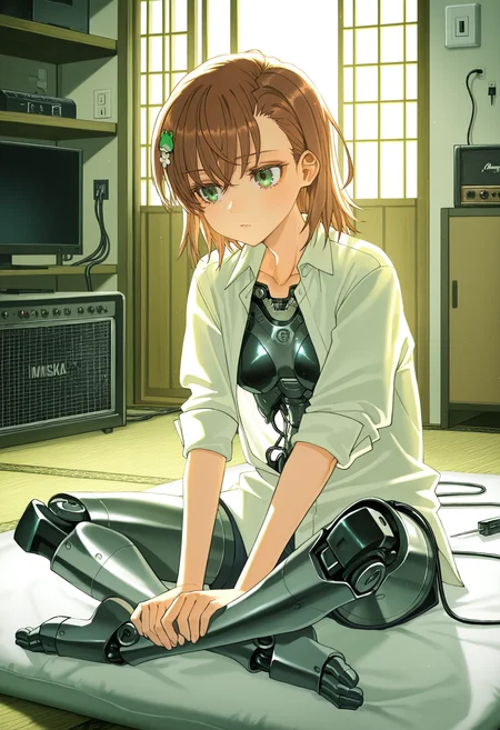 mechabare, misaka imouto, artist:[hataya|itou (onsoku tassha)|yoneyama mai|quasarcake|diyokama|sukabu], 1girl, indoors, tatami, frog hair ornament, cable, solo, white shirt, mechanical parts, brown hair, electric plug, sleeves rolled up, electrical outlet, collared shirt, futon, screwdriver, mechanical legs, green eyes, sliding doors, wire, android, science fiction, indian style, closed mouth, computer, shelf, monitor, prosthetic leg, on floor, amplifier, robot joints,
masterpeice, best quality, very aesthetic, absurdres