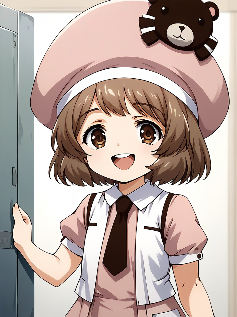 score_9, score_8_up, score_7_up, source_anime, rating_explicit, BREAK  <lora:Amatsuka_Sakura_Ver2.0_XL:1> AmatsukaSakura, brown hair, short hair, brown eyes, bangs, hat, chibi, smile,
 1girl, solo, smile, open mouth, , upper body,  necktie, short sleeves, shirt, :d, pink shirt, puffy short sleeves, puffy sleeves, teeth, upper teeth only, pink headwear
room, flooring,