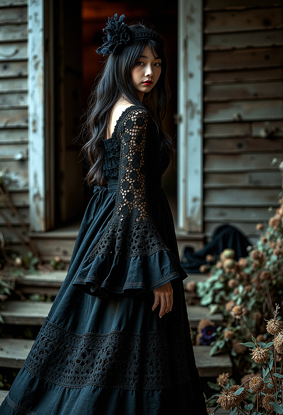 A Gothic woman with dark tones and intricate details, dressed in a bohemian crochet dress with voluminous bell sleeves. The rustic wooden house setting is illuminated by dramatic, high-contrast lighting, creating a moody, mysterious atmosphere. Black flowers and wilted blooms add to the textured, haunting beauty of the scene.

The woman turns slightly to one side as she walks, her dress flowing around her legs in a gentle arc. colorful







