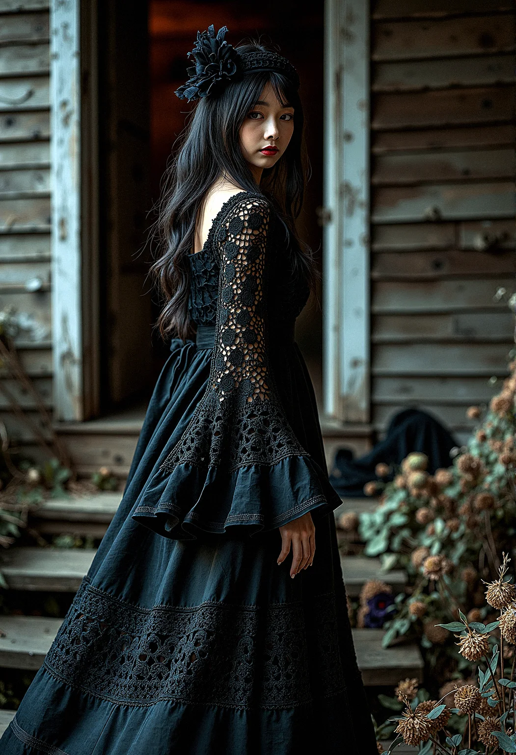A Gothic woman with dark tones and intricate details, dressed in a bohemian crochet dress with voluminous bell sleeves. The rustic wooden house setting is illuminated by dramatic, high-contrast lighting, creating a moody, mysterious atmosphere. Black flowers and wilted blooms add to the textured, haunting beauty of the scene.
The woman turns slightly to one side as she walks, her dress flowing around her legs in a gentle arc. colorful