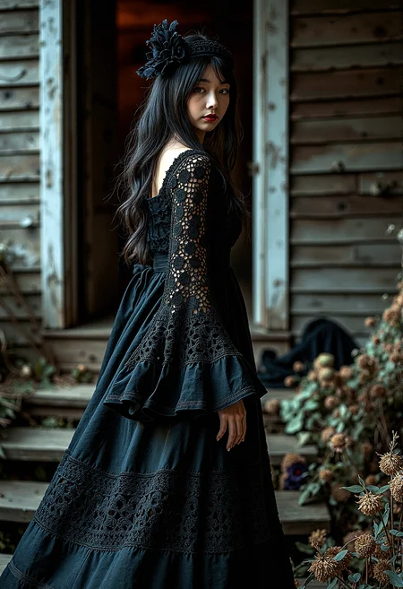A Gothic woman with dark tones and intricate details, dressed in a bohemian crochet dress with voluminous bell sleeves. The rustic wooden house setting is illuminated by dramatic, high-contrast lighting, creating a moody, mysterious atmosphere. Black flowers and wilted blooms add to the textured, haunting beauty of the scene.
The woman turns slightly to one side as she walks, her dress flowing around her legs in a gentle arc. colorful