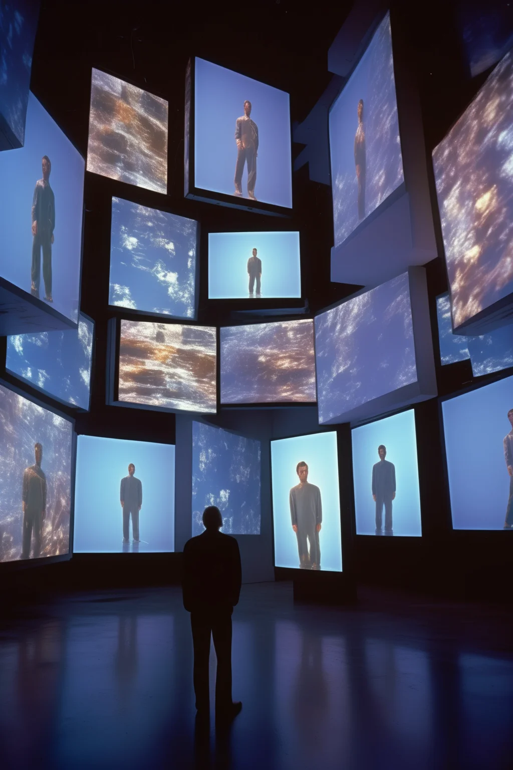 <lora:Video installation:1>Video installation - photography, film, Cyber Y2K, perfect color combo, perfect contrast, low point of view, wide angle, the camera is tilted on the left, kodak portra 400, Peter Bialobrzeski style, a man is watching some holographic big and small pictures floating in mid air projecting a low in the scene,big dark empty room, low contrast, high details, depht of field, full body
