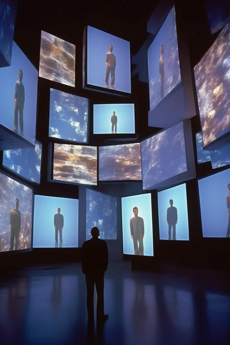 <lora:Video installation:1>Video installation - photography, film, Cyber Y2K, perfect color combo, perfect contrast, low point of view, wide angle, the camera is tilted on the left, kodak portra 400, Peter Bialobrzeski style, a man is watching some holographic big and small pictures floating in mid air projecting a low in the scene,big dark empty room, low contrast, high details, depht of field, full body