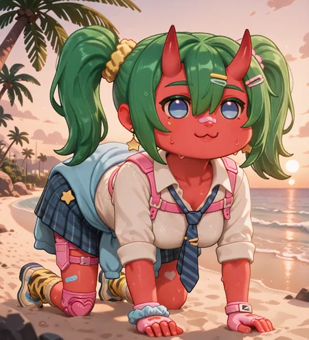 (dance, sparkling, happy, smile:1.2), (doro, :3, chibi, no pupils, solid circle eyes, full body, white skin, all fours, depth of field, bokeh, sunset, golden hour, beach, sand, palm tree, ocean, rocks, detailed background:1.5), fortnite_nemia, 1girl, solo, green hair, twintails, ponytail, long hair, bangs, hair between eyes, hair over one eye, ears, horns, oni horns, single horn, red skin, pink skin, blue eyes, parted lips, bandaid, bandaid on nose, bandaid on thighs, breasts, shirt, school uniform, necktie, plaid skirt, thighhighs, socks, loose socks, boots, jewelry, earrings, bracelet, charm, belt, gloves, fingerless gloves, knee pads, leg warmers, collarbone, solo, colored skin, hair ornament, hairclip, scrunchie, holster, striped necktie, clothes around waist, oni, plaid, charm (object), blue necktie, sweater around waist, animal print, heart, shoes, star (symbol), thigh holster, (female focus, female_focus, sweating, sweat:1.8), <lora:Fortnite_Nemia_Demonically_Cute_Set_ILXL_E41_16_DIM:0.7>, <lora:dmd2_sdxl_4step_lora:1> <lora:doro_xypher_ixl_v1:1>