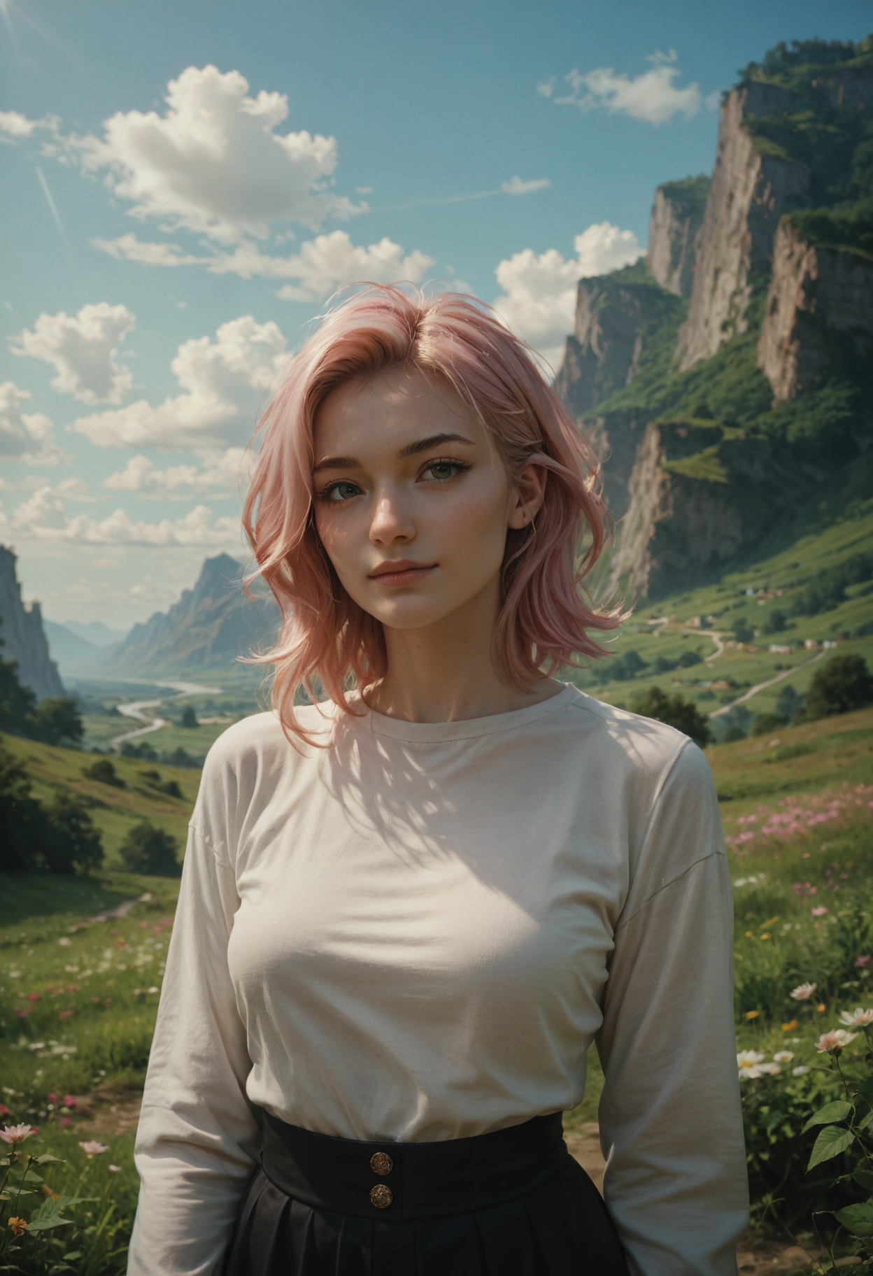 score_9, score_8_up, score_7_up, score_6_up, source_anime, masterpiece, newest, realistic
masterpiece, best quality, illustration, beautiful detailed
1girl, pink hair, medium hair, long sleeves, solo, cute, landscape, outdoors, rule of thirds,