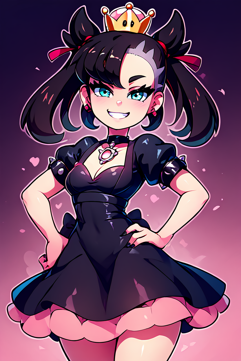 score_9, score_8_up, score_8, medium breasts, (curvy), cute, eyelashes,       BREAK, ,  zzShadowHimeMarnieCitron, super crown, black hair, twintails, asymmetric bangs, crown, black dress,  pink gemstone, pink waist bow, bangs, dress, jewelry, short sleeves, earrings, choker, black dress, black choker,  wide hips, hand on hip, smile, smug,  <lora:ShadowHimeMarnie_CitronOC_PDXL_v2:0.8>, BREAK, smile, looking at viewer, ,,, abstract background, white outline, cowboy shot, ,,, embedding:zPDXL, Expressiveh, ,,, <lora:theOtherHalfPDXL:0.8>, <lora:CatalystStylePDXL:0.6>, <lora:SDXLFaeTastic2400:0.5>, <lora:Expressive_H-000001:0.4>,