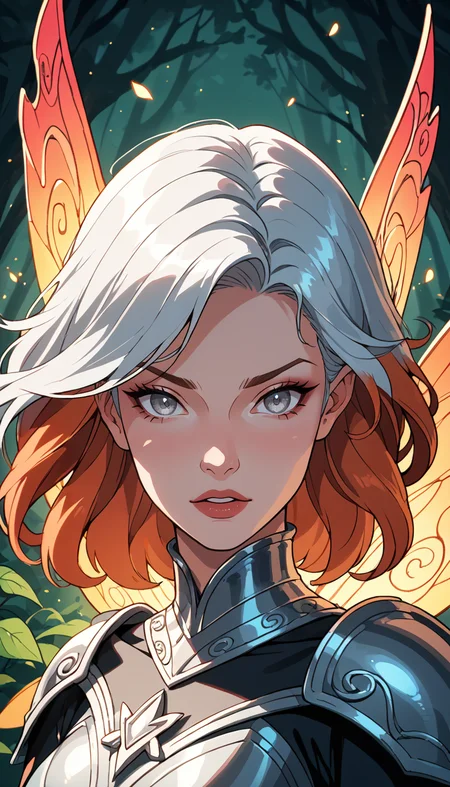 score_9, score_8_up, score_7_up, (Western Comics),  girl, cute, fire fairy, seductive, innocent, french bob copper hair, silver eyes, in high detailed copper light armor, (reflective, intricated), big detailed flaming wings, symmetrical wings, chromatic aberration, colorful, bright colors, (light smile:0.3), moonlight passing through hair, (enchanted forest background), (Portrait photo), (depth of field), (dynamic angle), (ultra detailed, high quality texture), (sharp), (artistic image)