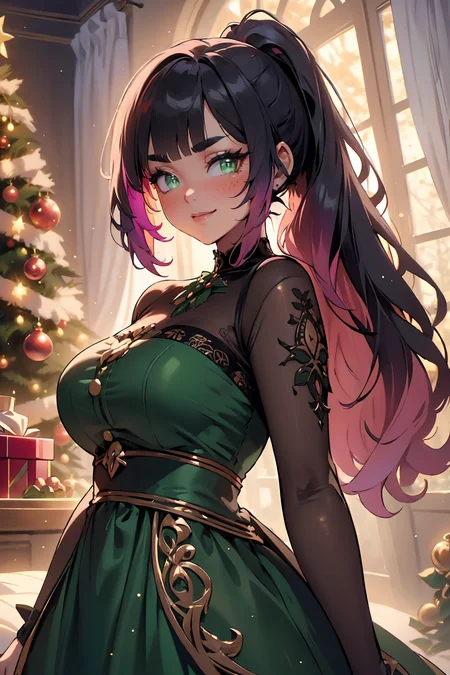 (masterpiece, best quality, highres, high resolution:1.2), extremely detailed, intricate details, 1girl, solo, looking at viewer, clamEmma, <lora:clamEmma:0.6>, <lora:HolidayIdidalittlebit:0.8> holidayxl style, holidayxl style dress, smile, christmas tree, side-swept bangs, black hair, pink IncursioDipDyedHair, messy mid ponytail, green eyes, thick eyebrows, freckles, <lora:DipDyedHair:0.8>, <lora:weight_slider_v2:0.25>, (cinematic lighting, bloom, volumetric)