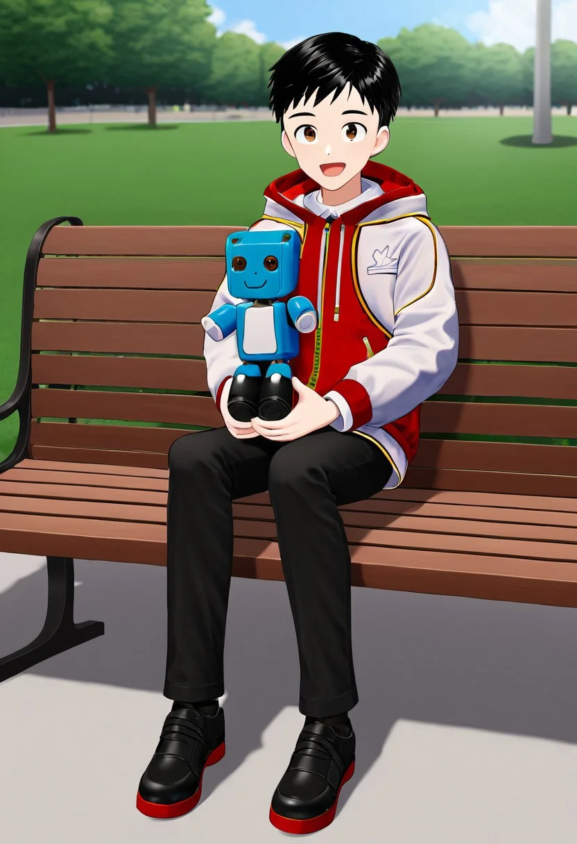 harmard, black hair, short hair, brown eyes, 1boy, (solo:1.20), solo focus, red_white_jacket, black pants, at park, happy expression, sit on bench, holding a robot toy, black shoes