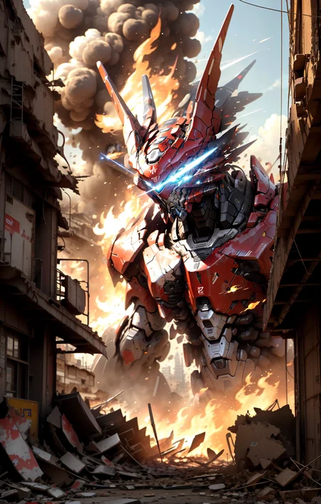 masterpiece, best quality, mecha, no humans, black armor, blue eyes, science fiction, fire, laser canon beam, war, conflict, destroyed city background, <lora:nijiMecha:1.2:MIDD>
