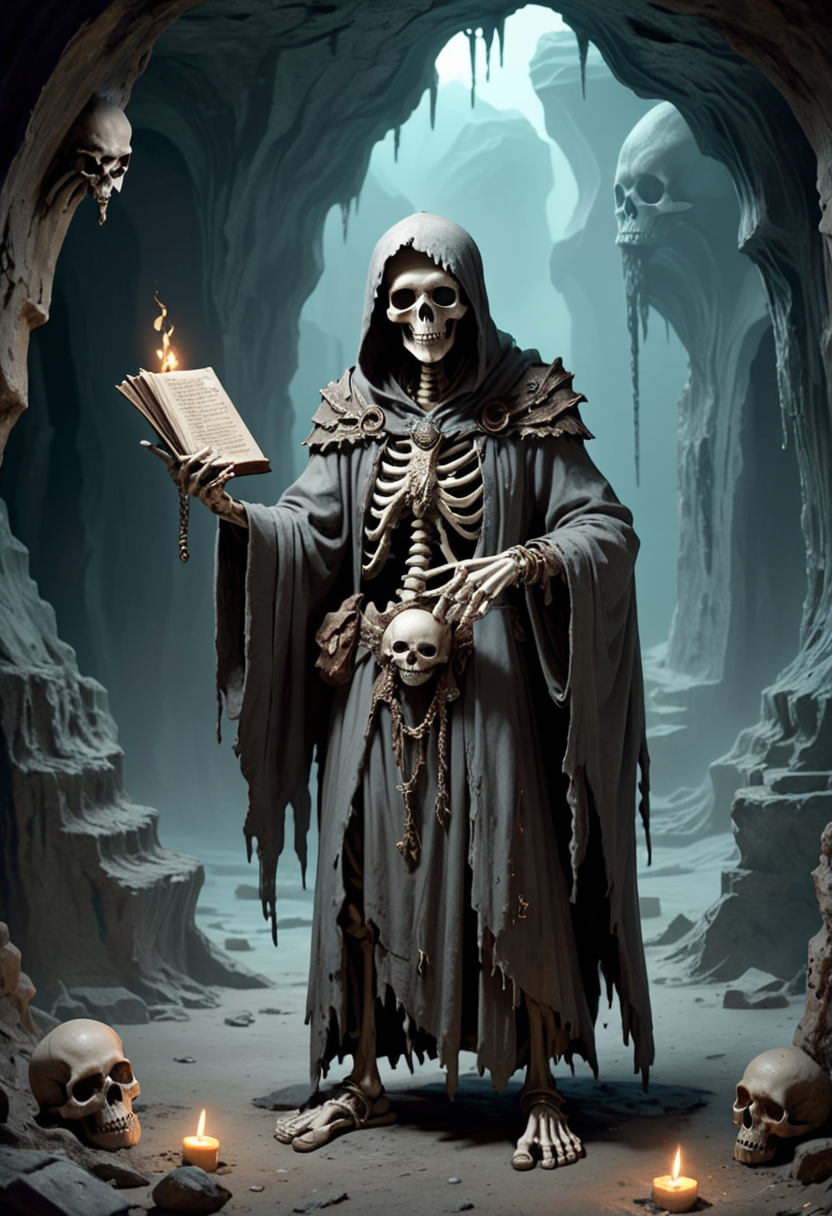 (medium full shot) of (spectral skeleton)  mage, wearing Moldy robe, bone amulet, tattered sandals, skeletal wristbands, grim talismans, holding wielding ancient tome, set in the cursed lands, in  a mystical skeletal cave, bathed in a faint, ghostly light, with walls that seem to hold ancient secrets and forgotten tales  , at dusk, ,Masterpiece,best quality, photo, realistic, very aesthetic,