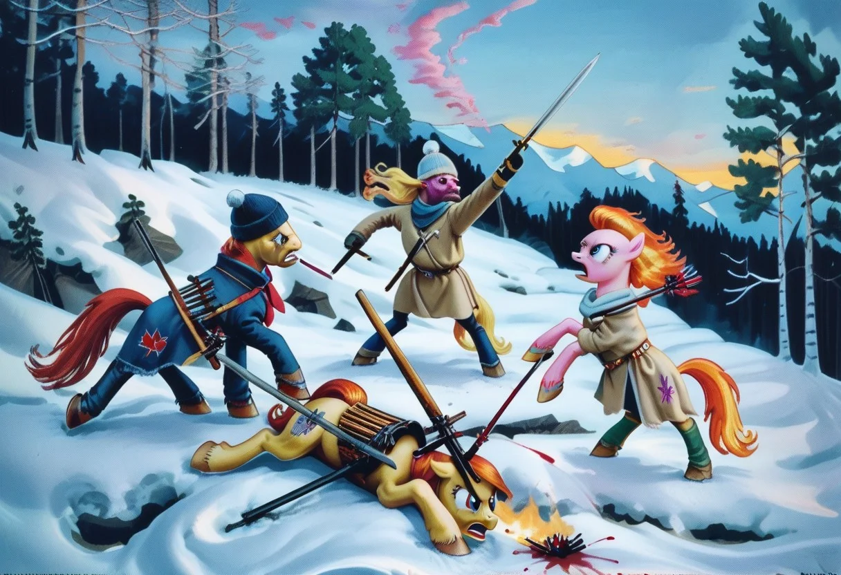 score_9, score_8_up, score_7_up, score_6_up, score_5_up, score_4_up, source_pony, BREAK a painting of a group of ponies fighting, multiple ponies, male, female, weapon, spear, sword, crossbow, blood, winter, snow, trees, agk_akseligallen-kallela_-_kalevala, traditional media