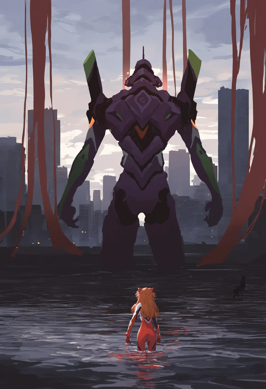 masterpiece, best quality, newest, absurdres, highres, very awa, no lineart, sketch, abstract, liquid, profile, souryuu asuka langley, eva 01, 1girl, plugsuit, mecha, science fiction, evangelion \(mecha\), robot, interface headset, pilot suit, red bodysuit, long hair, bodysuit, cloud, sky, city, from behind, giant, partially submerged, building, cloudy sky, cityscape, facing away, water, outdoors, multicolored bodysuit, wading, skyscraper, size difference, glowing, silhouette, white bodysuit, solo, skyline