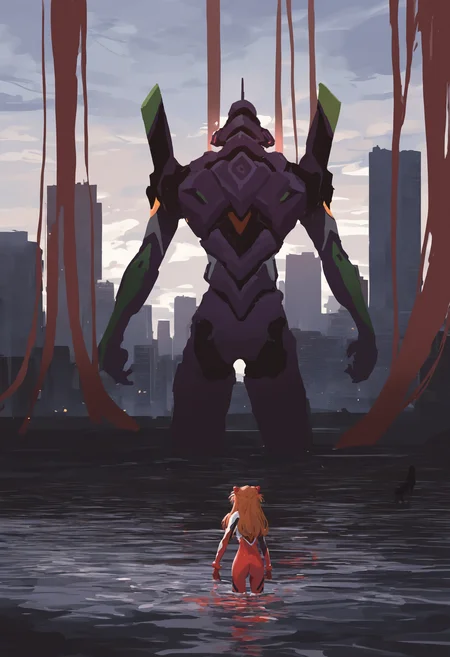 masterpiece, best quality, newest, absurdres, highres, very awa, no lineart, sketch, abstract, liquid, profile, souryuu asuka langley, eva 01, 1girl, plugsuit, mecha, science fiction, evangelion \(mecha\), robot, interface headset, pilot suit, red bodysuit, long hair, bodysuit, cloud, sky, city, from behind, giant, partially submerged, building, cloudy sky, cityscape, facing away, water, outdoors, multicolored bodysuit, wading, skyscraper, size difference, glowing, silhouette, white bodysuit, solo, skyline