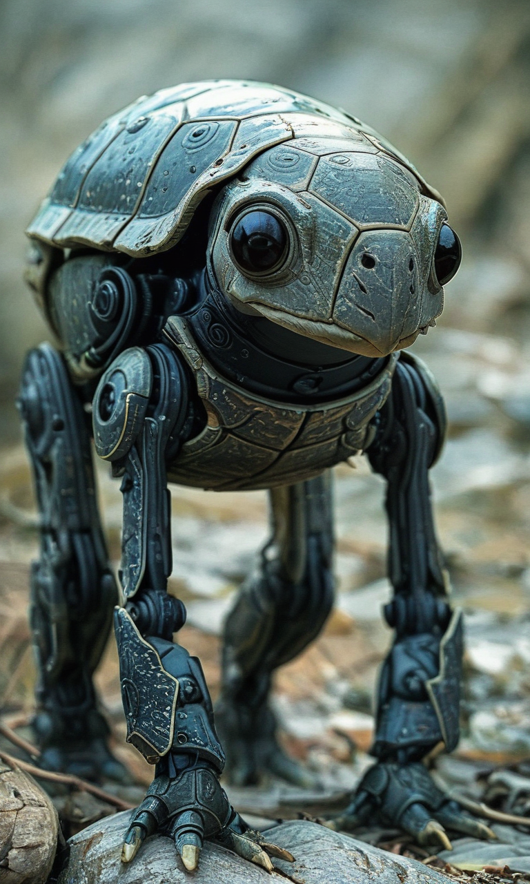 a turtle toy. It is sharp and clear capturing intricate details of the robot's design. The medium appears to be a photograph showcasing a realistic representation.<lora:- iLL - the_edgy_mech_V2.0-step000013500:.8>