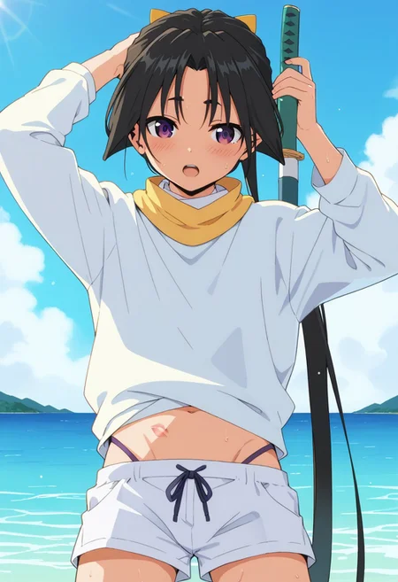 score_9,score_8_up,score_7_up,score_6_up, source_anime, BREAK cowboy shot,1boy,solo,male focus,otoko_no_ko,tokiyuki,top,bulge,open_mouth,emberresed,blush,blue sky,sun,backlighting,ocean,
sweating profusely,
kiss marks on neck and stomach area,
white sweater,
short white shorts,
small marks and bruises on face