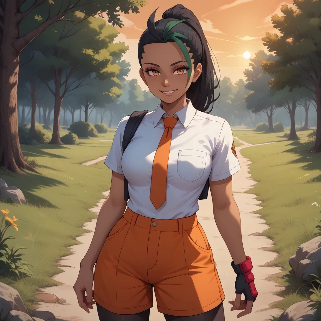 score_9, score_8, BREAK, 1girl, solo, nemona (pokemon), smile, black hair, two-tone hair, dark skin, dark skin female, orange eyes, naranja academy school uniform, white shirt, orange necktie, single glove, fingerless gloves, orange shorts, pocket, black pantyhose, red footwear, sexy pose, self portrait, smile, outdoors, sunlight, shadows, evening lighting, natural lighting, forest, trees, grass, orange sky, sunset