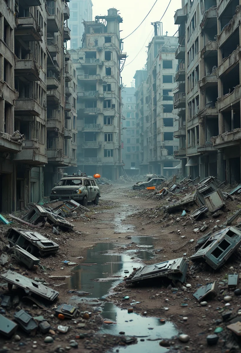 <lora:Flux-XL_Scenery:1>,flux-scenery a photograph of an abandoned dystopian urban landscape, with crumbling buildings and debris in the street. Alien environment, sci-fi, science fiction, exploration.