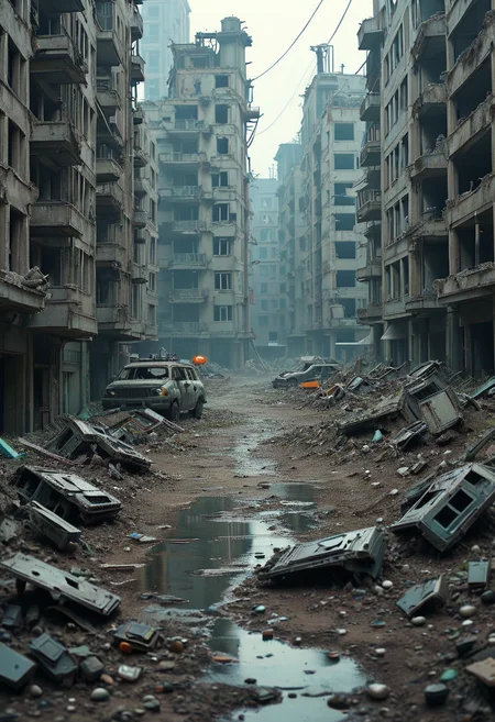<lora:Flux-XL_Scenery:1>,flux-scenery a photograph of an abandoned dystopian urban landscape, with crumbling buildings and debris in the street. Alien environment, sci-fi, science fiction, exploration.