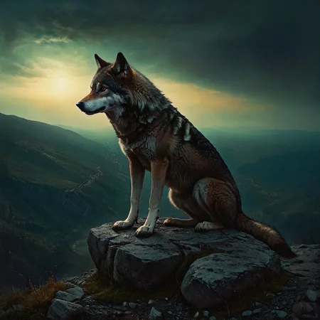A wolf sitting atop a rocky spur, overlooking a valley.

Ominous, dark night. Atmospheric.

<lora:Tonalism01b_CE_XL_300-OT:0.8> tnlsmCE_style