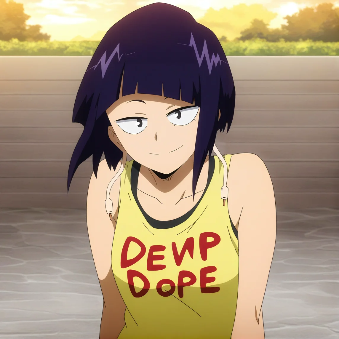 sharp focus, pixiv masterpiece, source_anime, best quality, high res, absurd res, anime_screencap, BREAK
<lora:Kyoka_Jiro_MHA_IL_v49:1> , kyokajiro, 1girl, solo, purple_hair, short_hair, black_eyes, bangs, earlobes, earphone_plugs, (yellow_top:1.2),   looking at viewer, faint smile, text_on_top, red_text_on_clothing, deep_dope_text