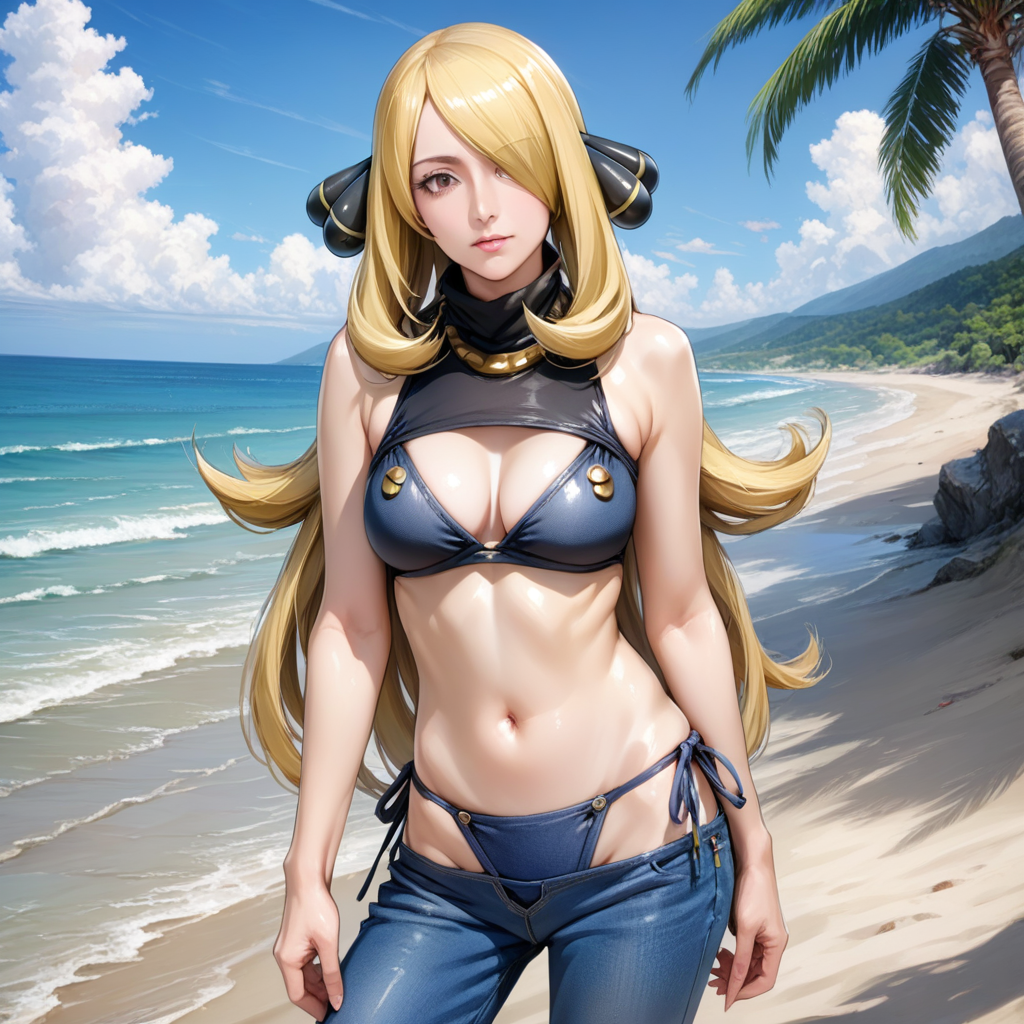 artist style:Urushihara Satoshi, source_hentai, source_anime, masterpiece, score_9, score_8_up, score_7_up, source_anime, shiny oild skin,  real, realistic, Cynthia, blonde, face, eyes, Cynthia\(Pokemon\) 1girl, meme_attire, (bikini_jeans:1.0), pants, panties, side-tie panties, highleg_bikini, clothing cutout, denim, lowleg_pants, denim_bikini, bikini_jeans, clothing_cutout, beach, blue sky,