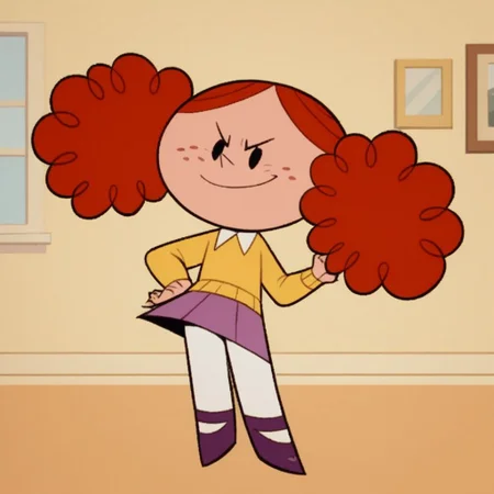 sscore_9, score_8_up, score_7_up, indoors, bedroom, dark red hair, twin curly poof hair, freckles, yellow sweater, white under shirt, white tights, purple skirt, violet shoes, solo, skirt, pantyhose, twintails, white pantyhose, full body, purple skirt, 1girl,black eyes, v-shaped eyebrows