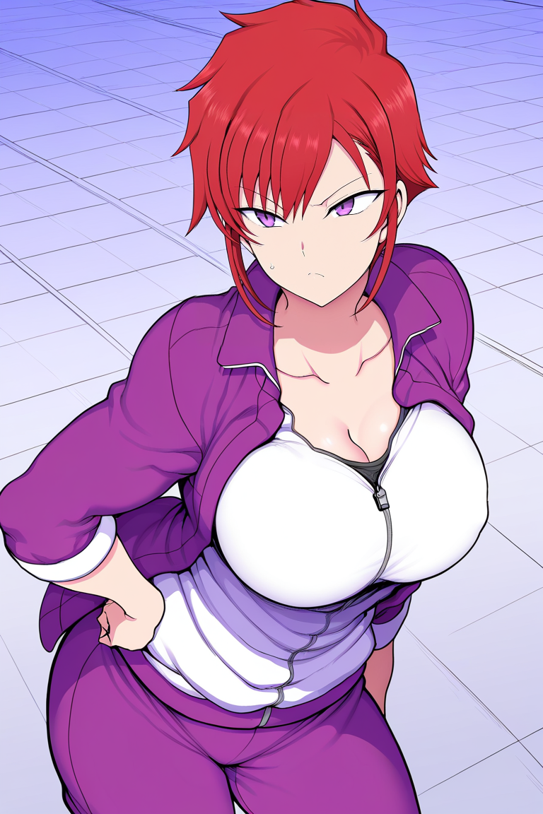 score_9, score_8_up, score_7_up, score_6_up,,  , source_anime, plane colouring, aiue oka,  1girl, breasts,red hair , purple eyes, track suit, short hair, large breasts, cleavage, purple jacket, , , track jacket, purple pants,tomboy,  white suit