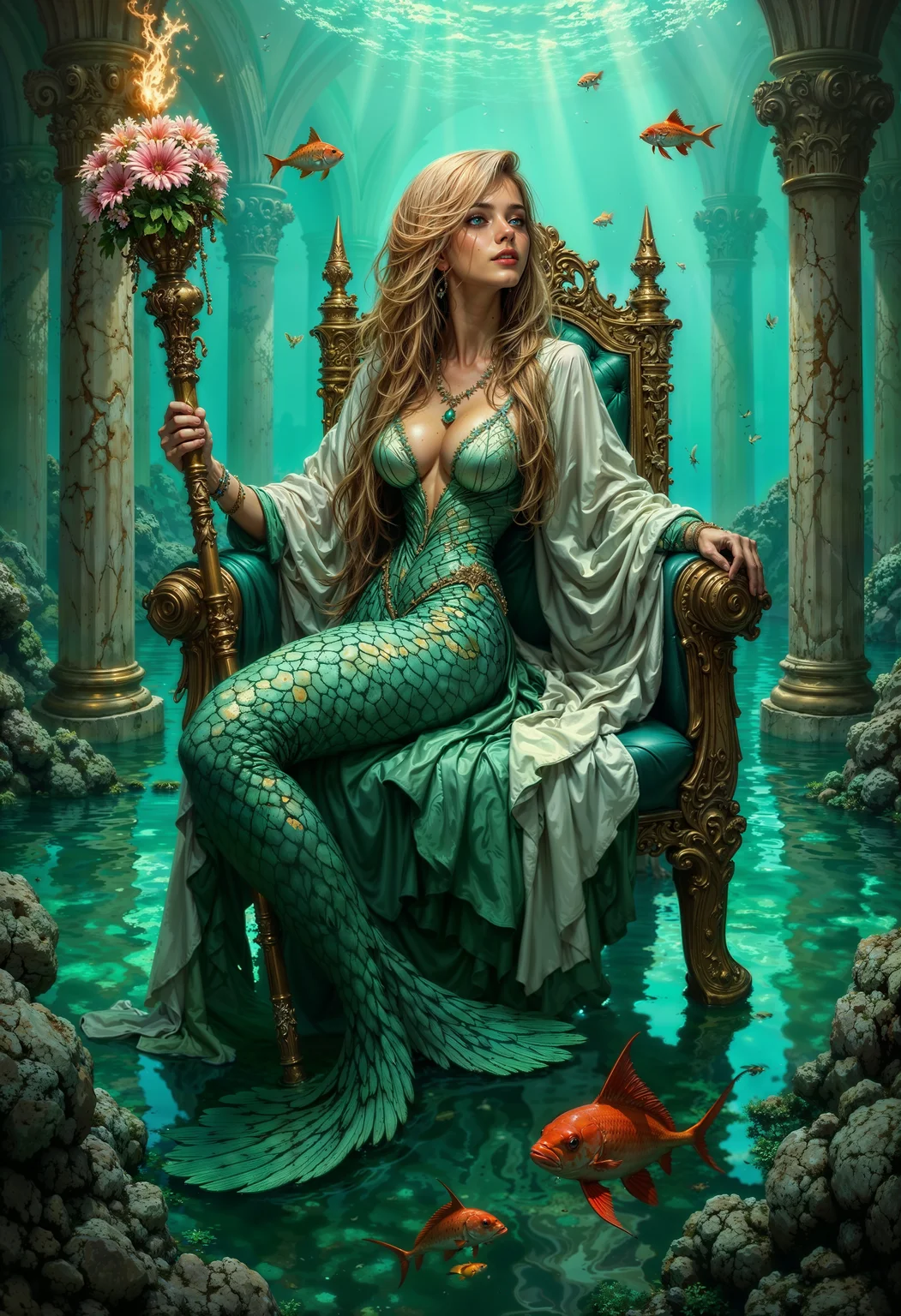 bo-an1me, dark fantasy illustration, high detail fantasy anime, A regal mermaid with iridescent scales shimmering in shades of turquoise and aquamarine, lounges on a gilded throne amidst the grandiose architecture of Atlantis, surrounded by schools of exotic fish darting through the translucent waters. Her slender, porcelain-skinned hand grasps a staff adorned with delicate sea anemones and glittering pearls, radiating soft, shimmering water magic that illuminates the aquatic environment. Her long, flowing locks of golden hair cascade down her back, with a few stray strands framing her heart-shaped face, accentuating her bright, piercing emerald green eyes. The atmosphere is tranquil, with soft, diffused light filtering through the water, casting an ethereal glow on the entire scene.