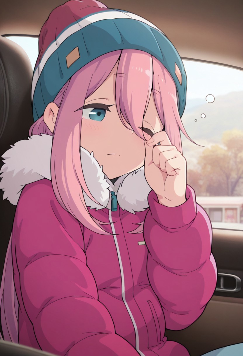 masterpiece,best quality,amazing quality, kagamihara nadeshiko, pink hair, long hair, blue eyes, 1girl, hat, solo, one eye closed, beanie, car interior, hair between eyes, closed mouth, rubbing eyes, jacket, sleepy