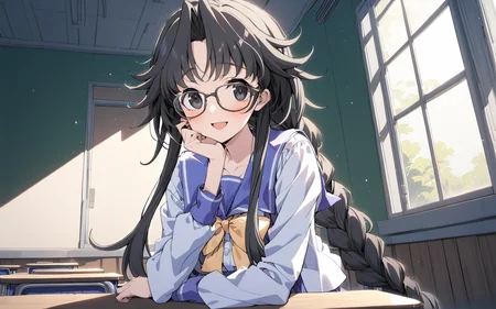 1girl, chisa\(memories off 6\), solo, glasses, long sleeves, class room, table, window, black long hair, yellow bowtie, single braid, sumisora school uniform, black eyes, open mouth, smile, looking at viewer, upper body, masterpiece, best quality, very aesthetic, absurdres, vivid colors, highres, 4k, 8k, intricate detail, cinematic lighting, wallpaper <lora:chisa_v2:1> <lora:aesthetic_anime_v1s:1>