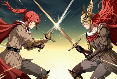 masterpiece, best quality, newest, absurdres, highres, anime, anime style, cyberpunk, SwordClash, 2girls, multiple girls, BREAK 1girl, millicent \(elden ring\), yellow eyes, red hair, long hair, ponytail, scar, prosthetic arm, single mechanical arm
SwordClash, sword, holding sword, sword, weapon, holding weapon,
BREAK 1girl, malenia blade of miquella, floating hair, red hair, long hair, prosthetic leg, armor, gold armor, winged helmet, armor, red cape, prosthetic arm, single mechanical arm, SwordClash, sword, holding sword, sword, weapon, holding weapon,