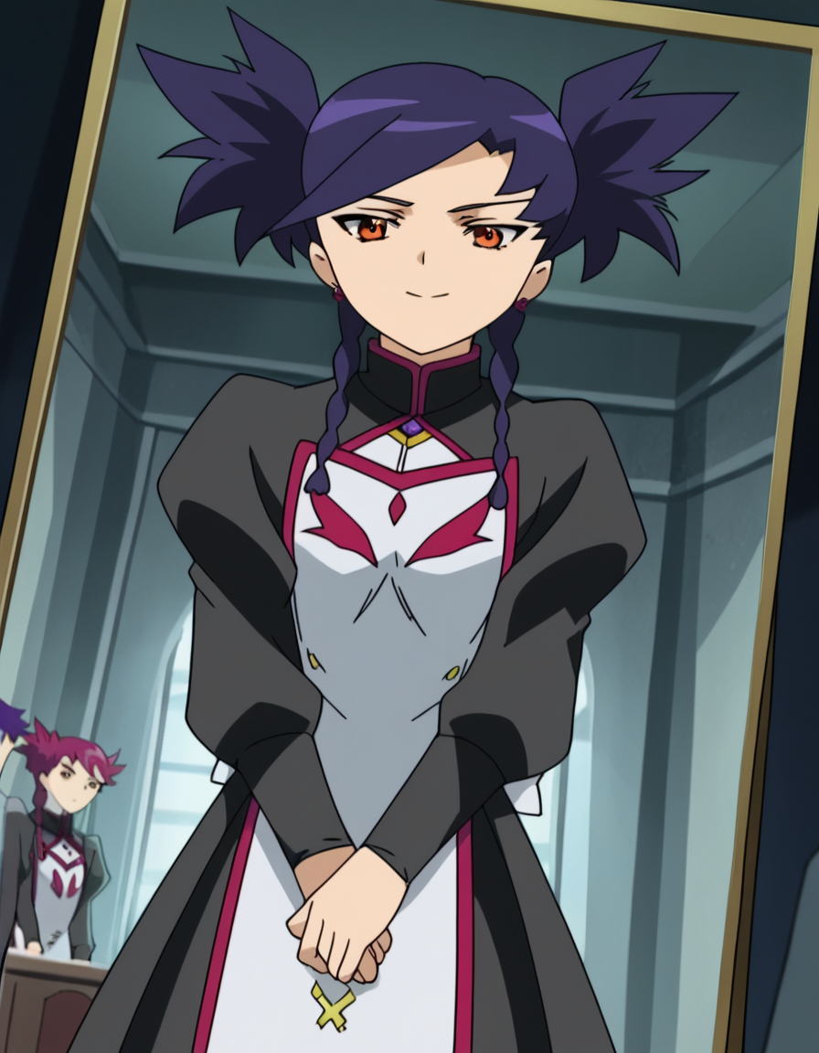 score_9, score_8_up, score_7_up, source_anime, <lora:nina-wang-s1-ponyxl-lora-nochekaiser:1>, nina wang, bangs, twintails, purple hair, braid, twin braids, orange eyes, anime screencap,, long sleeves, dress, jewelry, earrings, puffy sleeves, black dress, juliet sleeves,, dressing room, mirror, lights, costumes, makeup, smile, smile, looking at viewer, solo,, dutch angle, cowboy shot