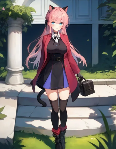 score_9,score_8_up,score_7_up,score_6_up BREAK official art,solo,outdoors,smile,cowboy shot,looking at viewer,facing viewer,Vivi,cat ears,long hair,pink hair,hair ribbon,black ribbon,sidelocks,bangs,blue eyes,choker,red coat,black dress,collared shirt,white shirt,shirt under dress,neck ribbon,white button,long sleeves,black gloves,large breasts,black belt,black thighhighs,zettai ryouiki,boots,black footwear,<lora:Vivi(v atmi)-Pony:1.4>,<lora:Smooth Anime Style LoRA XL:0.8>,