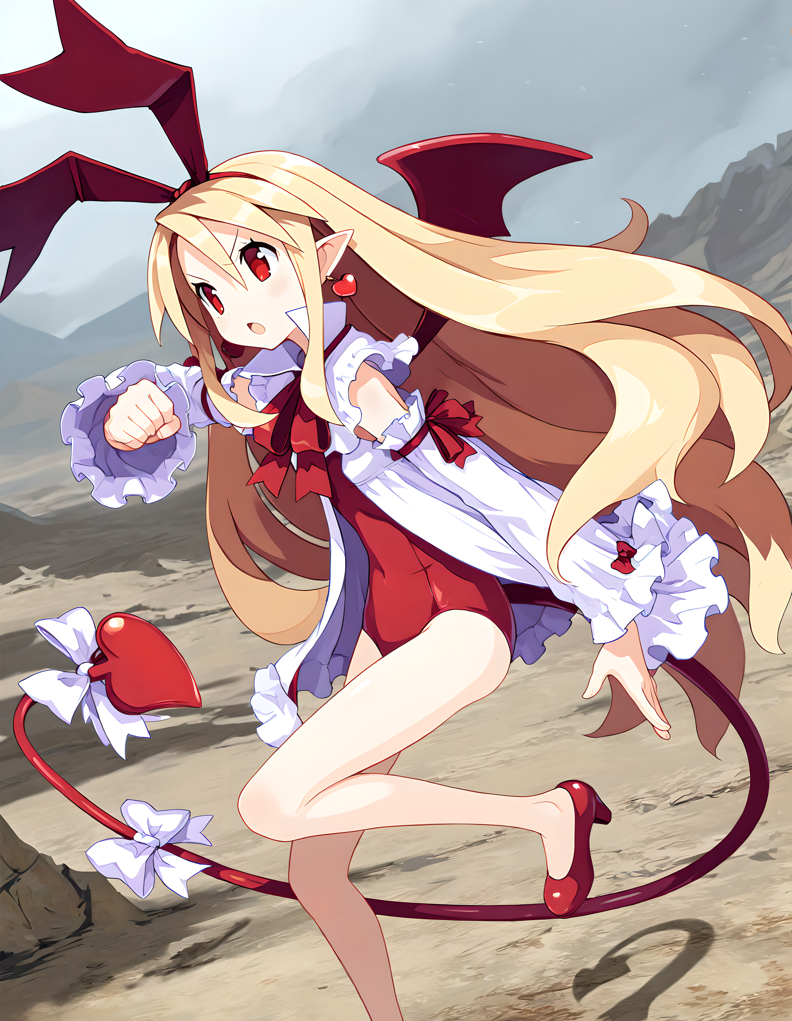 <lora:illustrious_XL_flonne:0.8>,flonne,masterpiece,best quality,good quality,1girl,solo,red eyes,red hairband,wings,demon tail,tail ornament,pointy ears,red leotard,detached sleeves,red high heels,earrings,wasteland,fighting stance,v-shaped eyebrows,:o,clenched hand,standing on one leg,leg up,