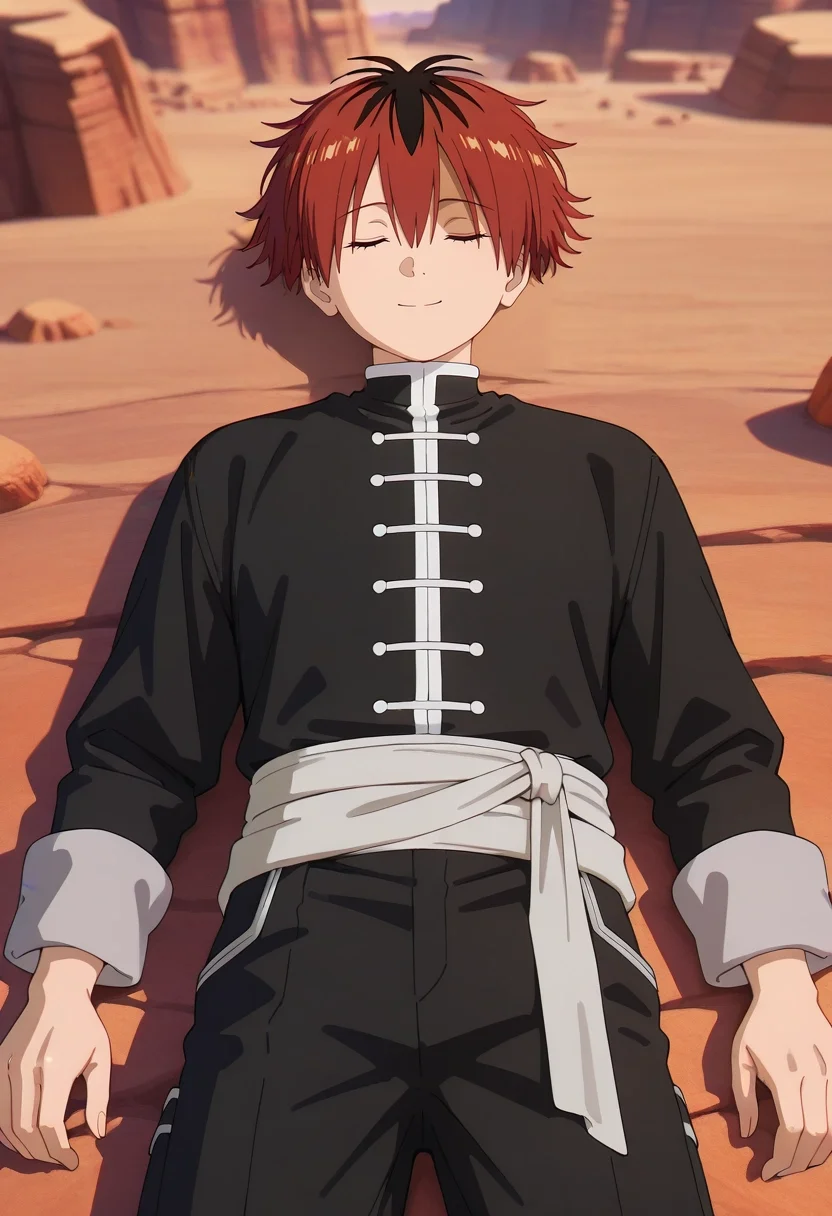 masterpiece, best quality, intricate details, (3d:0.4), , depth of field, 1boy, solo, male focus, <lora:stark_sousou_no_frieren_ilxl:0.94>, stark_sousou_no_frieren, red hair, red eyes, short hair, bangs, hair between eyes, multicolored hair, two-tone hair, black hair, straight-on, grand canyon, light, lying, on back, (closed eyes:1.2), smile, Cargo boardshorts, Magenta Chenille Long-sleeve shirt, , , and