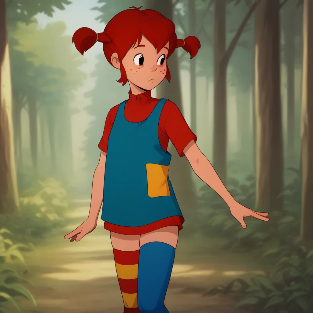 score_8_up, BREAK, Pippi, 1girl, solo, red hair, short twintails, black eyes, freckles,  red dress,  blue overalls, thighhighs, mismatched legwear, multicolored legwear, asymmetrical legwear, <lora:Pippi_Longstocking_PXL_Leaf2:0.8>, forest, blurry background,  cowboy shot,