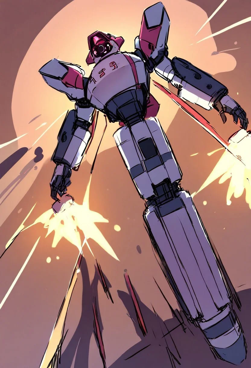 SK3, simple sketch, sharp shadows, a huge robot with pink hair blasting off into space, low-angle view, rocket smoke,