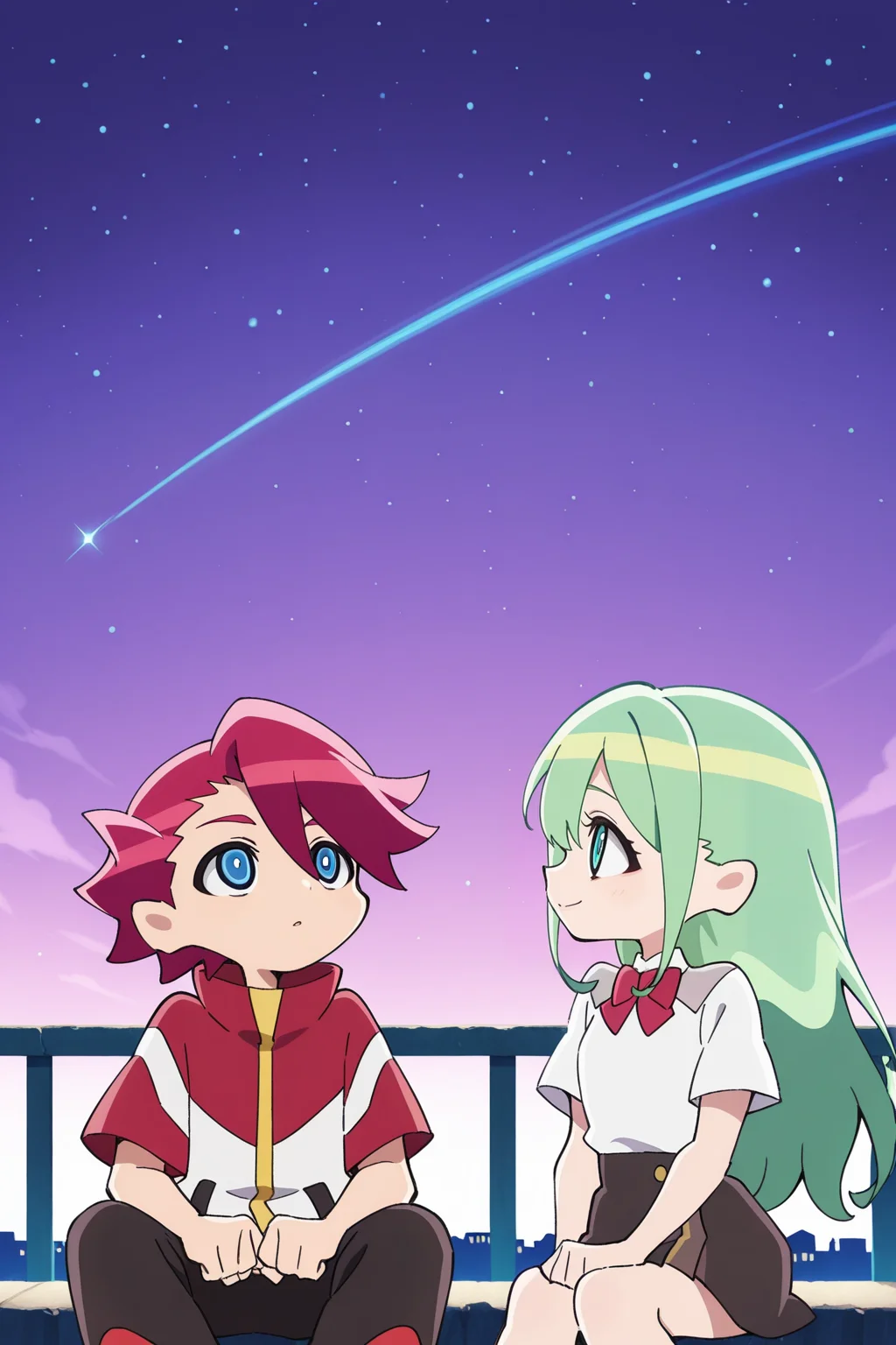 <lora:Aquarion_Myth_of_Emotions:1>, AquarionMoE, 1girl, 1boy, red hair, green hair, sky, long hair, blue eyes, school uniform, bow, shirt, short hair, white shirt, night, red bow, smile, bowtie, sitting, short sleeves, green eyes, looking at another, red bowtie, hair between eyes, jacket, outdoors, star \(sky\), looking up, skirt, purple sky, night sky, collared shirt