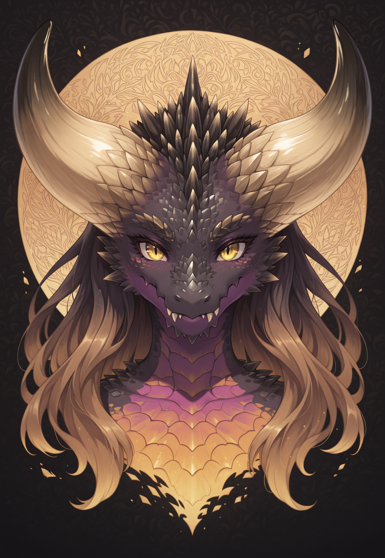 Graphic Design, color art, vibrant colors, colorful, intricate details, high contrast, detailed background, beautiful detailed, beautiful face, detailed eyes, detailed face, detailed scales, new, newest, n3rg1g4, 1girl, solo, furry, anthro, dragon, yellow eyes, horns, spikes, fangs, no humans, portrait, dynamic pose, closed mouth, long hair, (masterpiece, best quality, newest, recent, absurdres),