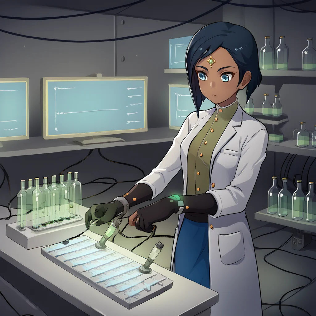 score_9, score_8_up, score_7_up, score_6_up, score_5_up, score_4_up, zPDXL2,source_anime,rating_questionable, <lora:LAb:0.8> l4b, indoors, wires, computer, tubes, bottles, <lora:Ciel_Soleil_-_RWBY:1> Ciel_RWBY, blue eyes,short hair, forehead jewel, dark-skinned female, black hair, labcoat