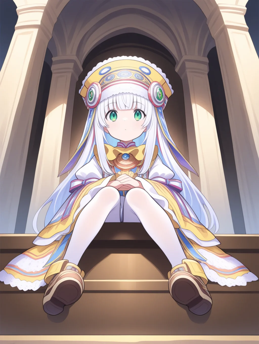 perfect quality,best quality,absolutely eye-catching,ambient occlusion,raytracing BREAK
1girl,<lora:riria IL v1.1:0.9>,riria,white hair,green eyes,long hair,hat,dress,lace trim,wide sleeves,long sleeves,shoes,ribbon,whie pantyhose,, from below,bust,reclining,shading_eyes,arms_crossed,knees_together_feet_apart,