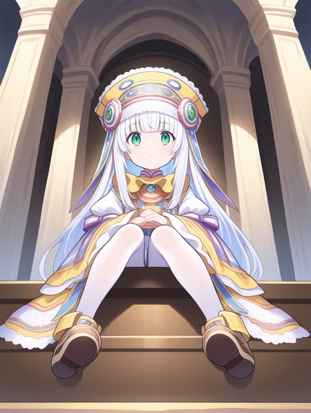 perfect quality,best quality,absolutely eye-catching,ambient occlusion,raytracing BREAK
1girl,<lora:riria IL v1.1:0.9>,riria,white hair,green eyes,long hair,hat,dress,lace trim,wide sleeves,long sleeves,shoes,ribbon,whie pantyhose,, from below,bust,reclining,shading_eyes,arms_crossed,knees_together_feet_apart,