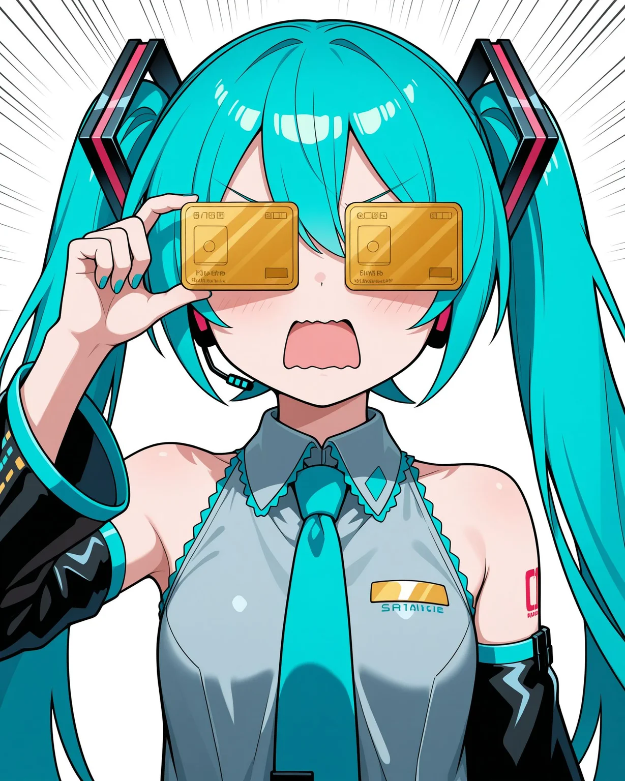 masterpiece, best quality, amazing quality, very aesthetic, absurdres, newest,
general,
1girl, hatsune miku, vocaloid, aqua hair, twintails, rectangular mouth, wavy mouth, open mouth, grey shirt, collared shirt, bare shoulders,
detached sleeves,
cowboy shot, upper body, (solo,:1.1) straight-on, covered eyes, adjusting eyewear, gold credit card, <lora:cardew v2:1> cardew, v-shaped eyebrows, emphasis lines, (white background,:1.2) simple background, negative space,
