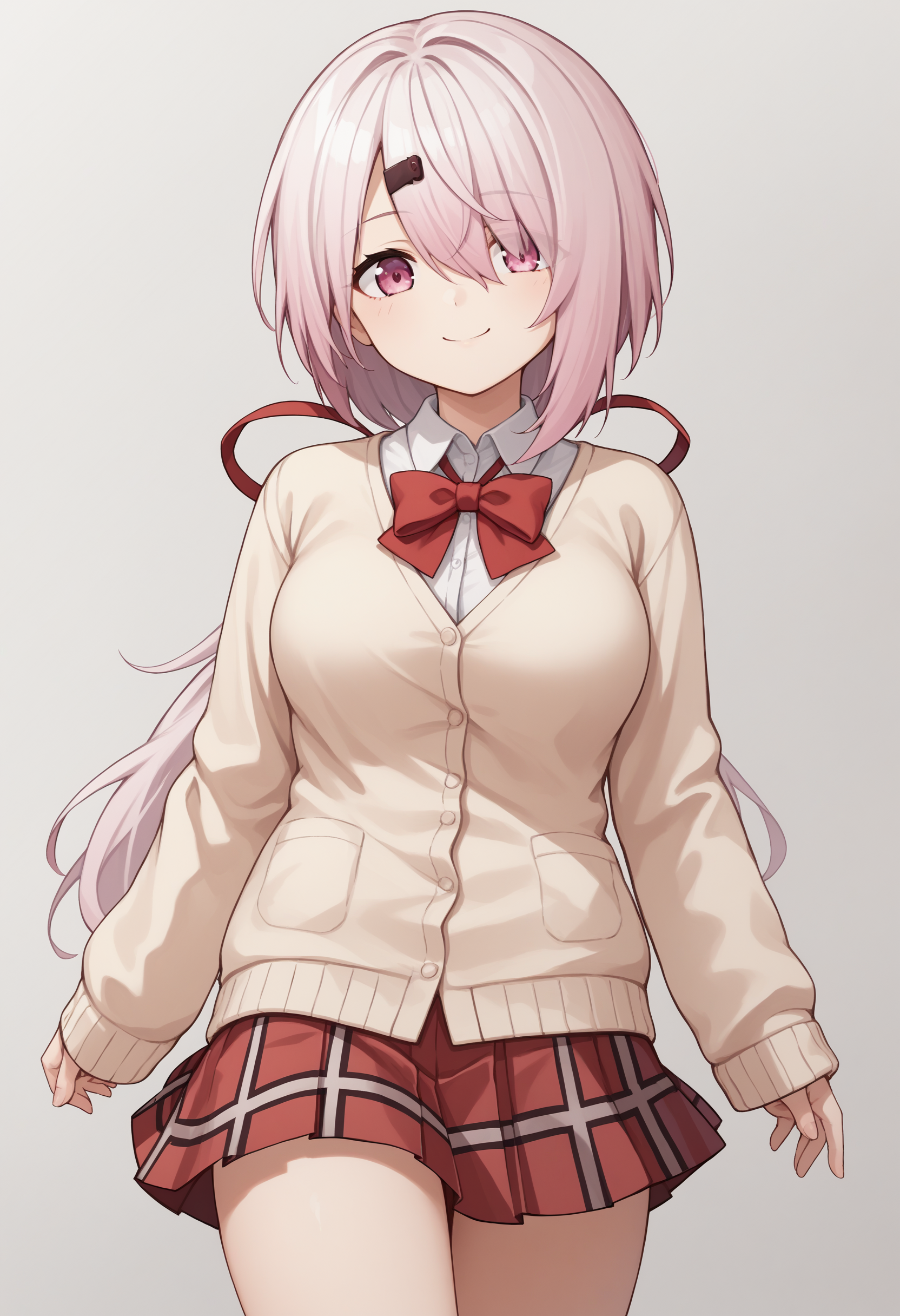 score_9, score_8_up, score_7_up, source_anime, sy1, pink eyes, purple eyes, pink hair, white hair, hair between eyes, hair over one eye, long hair, ponytail, low ponytail, hairclip, hair ornament, ribbon, red ribbon, hair ribbon, bow, red bow, shirt, white shirt, cardigan, brown cardigan, sleeves past wrists, skirt, red skirt, pleated skirt, plaid skirt, breasts, thighs, cowboy shot, smile<lora:ShiinaYuikaXLv2-17:1>