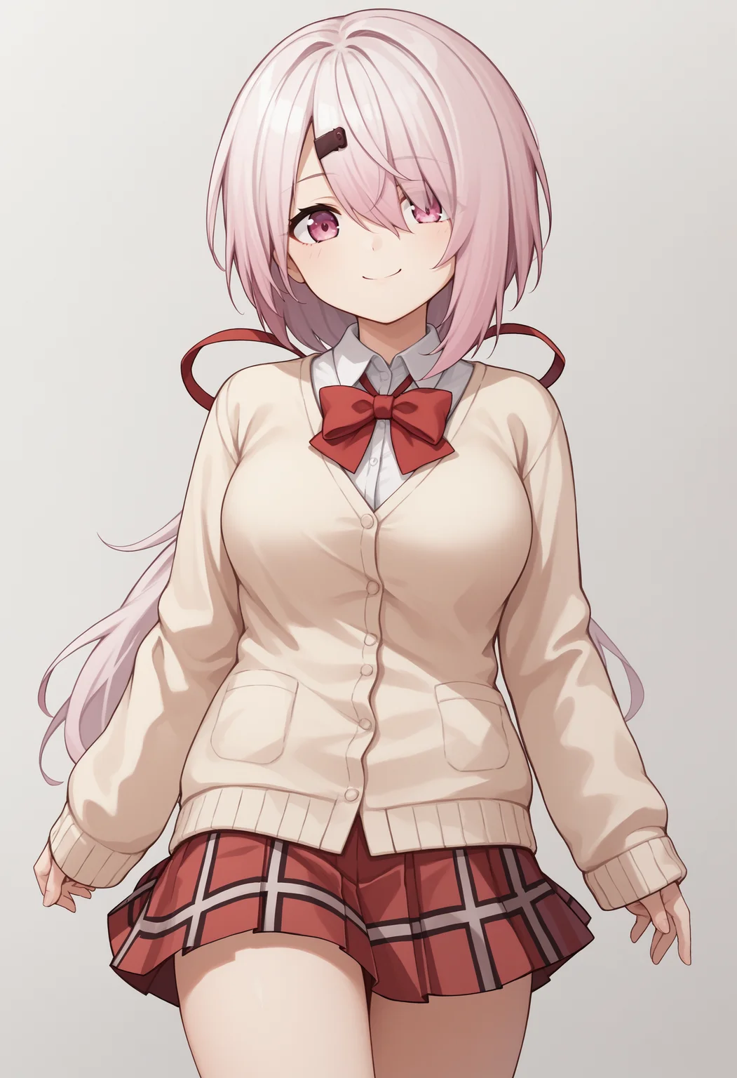 score_9, score_8_up, score_7_up, source_anime, sy1, pink eyes, purple eyes, pink hair, white hair, hair between eyes, hair over one eye, long hair, ponytail, low ponytail, hairclip, hair ornament, ribbon, red ribbon, hair ribbon, bow, red bow, shirt, white shirt, cardigan, brown cardigan, sleeves past wrists, skirt, red skirt, pleated skirt, plaid skirt, breasts, thighs, cowboy shot, smile<lora:ShiinaYuikaXLv2-17:1>