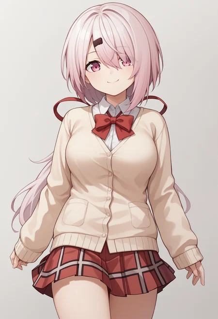 score_9, score_8_up, score_7_up, source_anime, sy1, pink eyes, purple eyes, pink hair, white hair, hair between eyes, hair over one eye, long hair, ponytail, low ponytail, hairclip, hair ornament, ribbon, red ribbon, hair ribbon, bow, red bow, shirt, white shirt, cardigan, brown cardigan, sleeves past wrists, skirt, red skirt, pleated skirt, plaid skirt, breasts, thighs, cowboy shot, smile<lora:ShiinaYuikaXLv2-17:1>