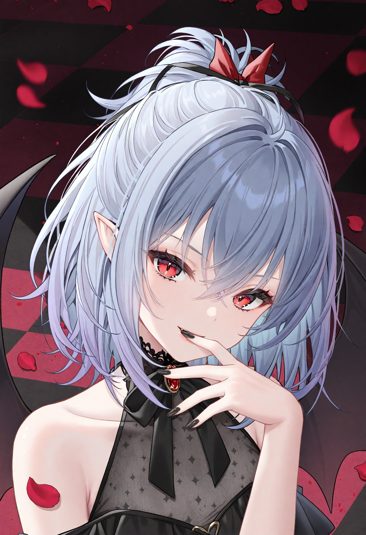 1girl, remilia scarlet, wings, solo, red eyes, bat wings, looking at viewer, ribbon, pointy ears, bare shoulders, black nails, grey hair, checkered floor, petals, alternate costume, upper body, smile, nail polish, collarbone, hair between eyes, blue hair, hair ribbon,
masterpiece,best quality,newest,absurdres,highres,very awa,<lora:haneru1_noob1.1-000195:0.8>,